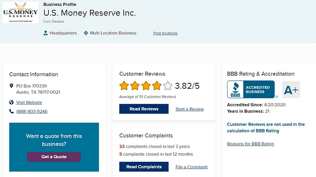 U.S. Money Reserve Review BBB new rating May 30