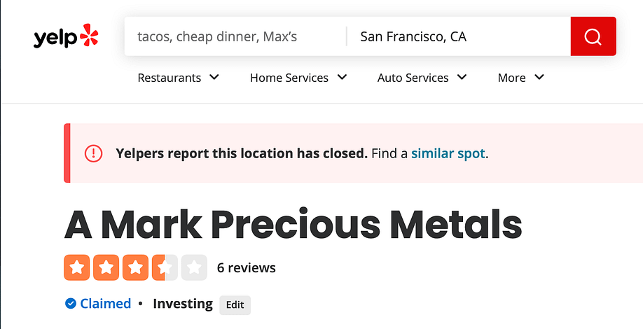 A-Mark Precious Metals Yelp Rating August 2022